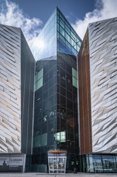 Belfast, UK, Aug 2019 Closeup on rear entrance to the Titanic Museum, located in the citys Titanic Quarter where the RMS Titanic was built