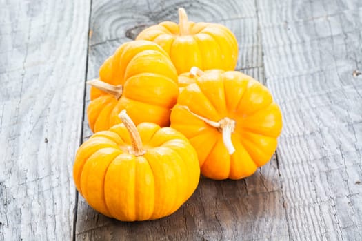 Miniature pumpkins on wooden table