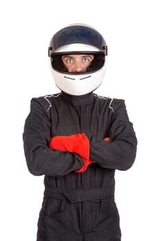 Racing driver posing with helmet isolated in white