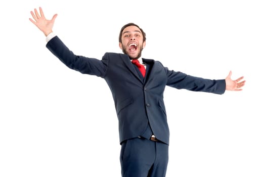 Happy and successful businessman isolated in white