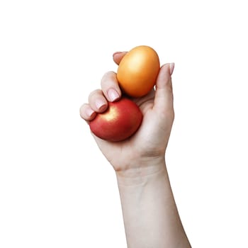 Easter eggs in female hand isolated on white background. Clipping path.