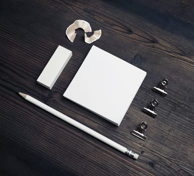 Blank stationery template on wooden background. Mock-up for branding identity. For design presentations and portfolios.