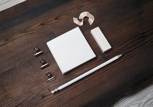 Branding mock up. Photo of blank corporate stationery set on wood table background. Template for branding identity.