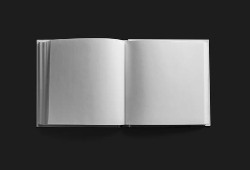 Open blank brochure on black paper background. Isolated with clipping path. Flat lay.