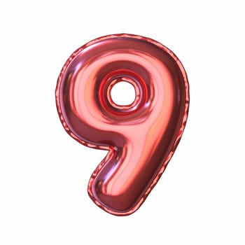 Red metallic balloon font Number 9 NINE 3D rendering illustration isolated on white background