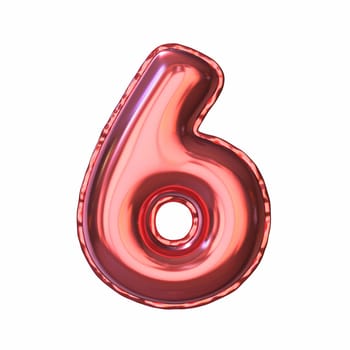 Red metallic balloon font Number 6 SIX 3D rendering illustration isolated on white background