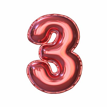 Red metallic balloon font Number 3 THREE 3D rendering illustration isolated on white background