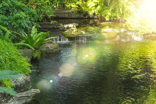 waterfall in tropical garden during spring season.  beautiful landscaping with beautiful plants