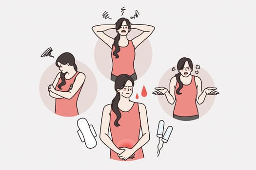 Pms and mood before menstruation concept. Young irritated woman cartoon character feeling depressed angry and pain in belly during periods vector illustration