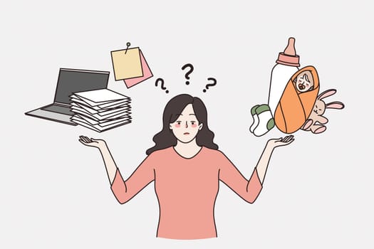 Difficult Female choice problem concept. Young frustrated stressed Woman standing choosing between family and career making responsible choose vector illustration