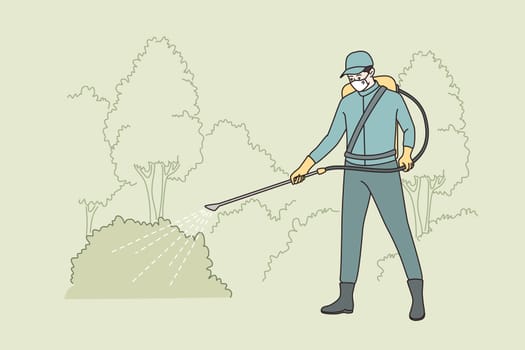Watering lawn at work concept. Man worker in protective mask standing watering lawn with special equipment making work vector illustration