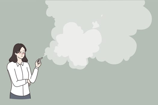 Unhealthy lifestyle and smoking concept. Young woman smoker standing smoking cigarette with lot of smoke on air vector illustration