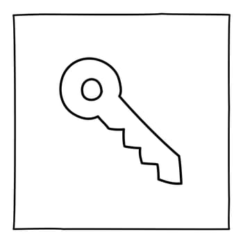 Doodle key icon or logo, hand drawn with thin black line. Graphic design element isolated on white background. Vector illustration