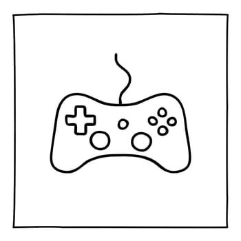 Doodle video game controller icon or logo, hand drawn with thin black line. Isolated on white background. Vector illustration