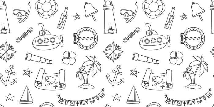 Nautical style seamless background with hand drawn elements in line art style. Endless pattern for baby shower invitations, children toys packaging paper, boy room wallpaper. Vector illustration