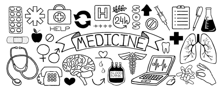 Medical doodles set of icons with science tools, human organs, diagrams etc, hand drawn with thin line. Vector illustration isolated on white background