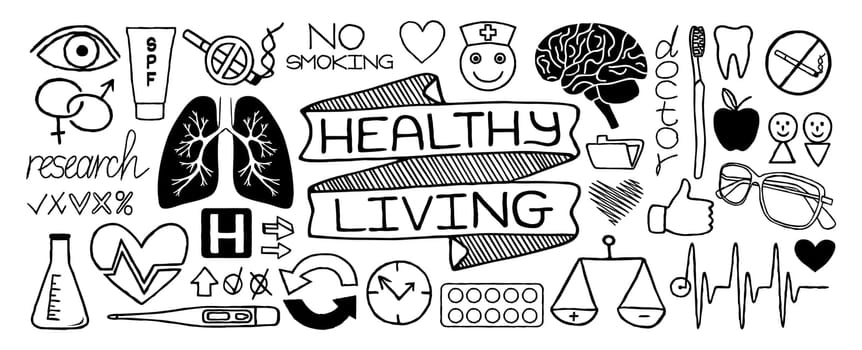 Medical doodles set of icons with science tools, human organs, diagrams etc, hand drawn with thin line. Vector illustration isolated on white background