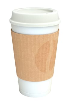 Blank white takeaway coffee cup with silicone cover and brown cardboard sleeve with coffee bean print ornament, isolated on white background. 3D illustration