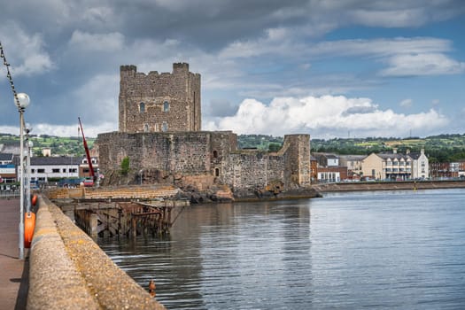 Front view on medieval Carrickfergus Castle, a Norman castle, situated in the town of Carrickfergus in County Antrim, Northern Ireland