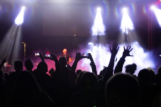 Crowd at concert - Cheering crowd in bright colorful stage lights