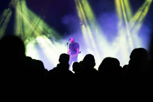 Crowd at concert - Cheering crowd in bright colorful stage lights