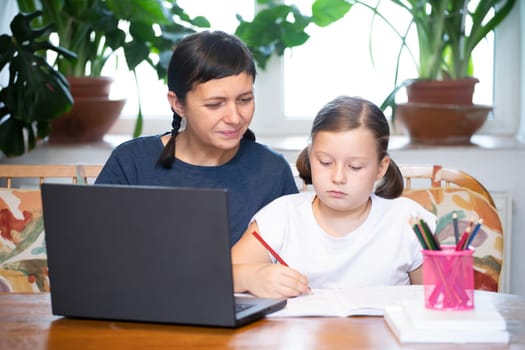 Distance learning concept. Mother helps her daughter to do school homework, using digital tablet, e-learning concept, home education.