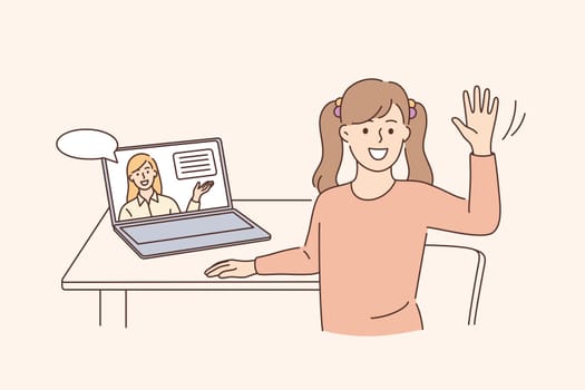 Online education and elearning concept. Happy cute little kid girl sitting at laptop waving hand doing home school with computer laptop e-learning and course vector illustration