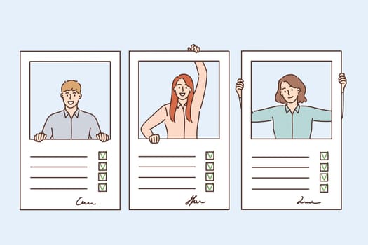 Resume, questionnaire and fulfilling forms concept. Profiles of young people candidates with signs and personal information fulfilled in forms vector illustration