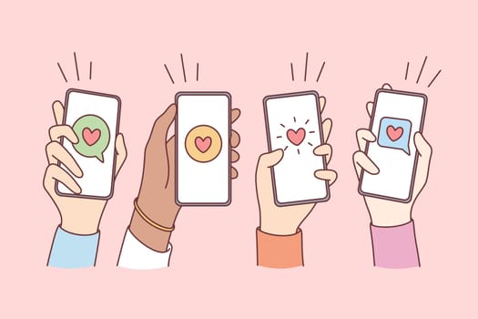 Online dating, love and mobile concept. Hands of people holding smartphones with hearts and communication chats on screens vector illustration