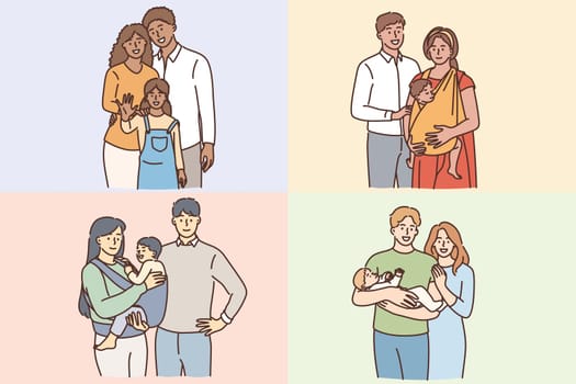 Happy families with children concept. Young smiling couples parents families standing with their children kids sons and daughters feeling happy together vector illustration