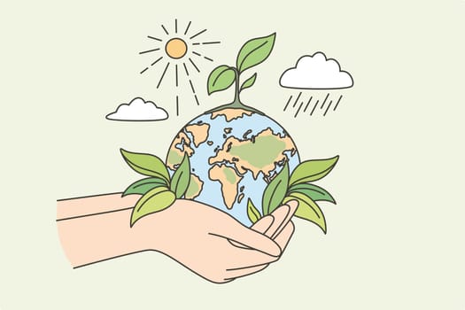 Ecology, sustainable nature, planet conversation concept. Hands human holding earth planet with growth plant sun and rain around taking care vector illustration