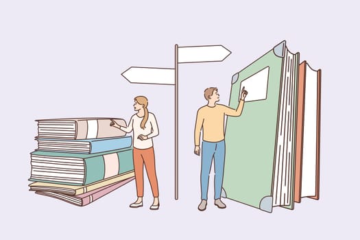 Education, knowledge and choosing profession concept. Young girl and boy standing bear books heaps choosing way of development profession speciality vector illustration