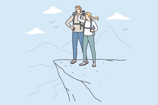 Trip, adventure and summer vacations concept. Young happy couple cartoon characters standing with backpacks looking at scenery view from mountain top peak feeling freedom vector illustration