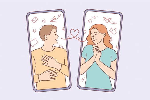 Online dating and communication concept. Young smiling happy couple man and woman dating and communication from smartphone screens online vector illustration