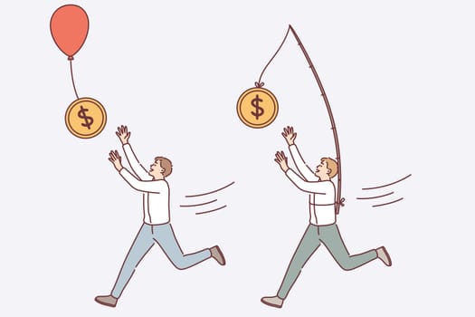 Financial success and wealth concept. Young smiling businessmen cartoon characters running trying to catch flying dollar coins money on balloons and stick vector illustration