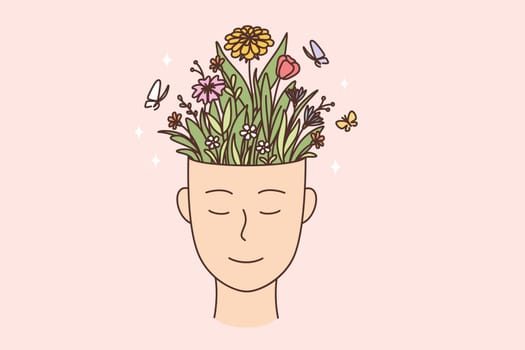 Creativity, personal development, individual growth concept. Human hand with smile and full of flowers blooming in pot vector illustration