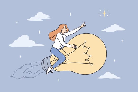 Business success, innovation and challenge concept. Young confident Business woman flying forward on bright huge light bulb feeling confident vector illustration
