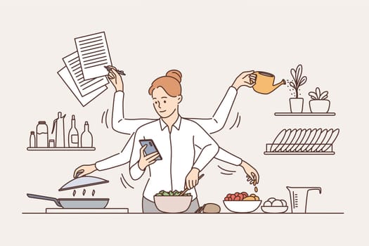 Multitasking and time management concept. Young smiling woman with six arms performing many tasks simultaneously in kitchen vector illustration
