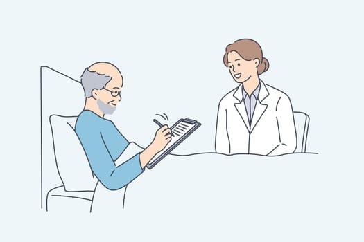 Making will and approval for operation concept. Old smiling ill man sitting in bed signing will or approval in hospital with doctor nurse sitting nearby vector illustration