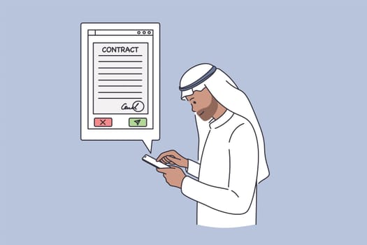 Arab business contracts online concept. Arab Emirate Businessman cartoon character standing with smartphone searching for Agreement contract information in internet vector illustration