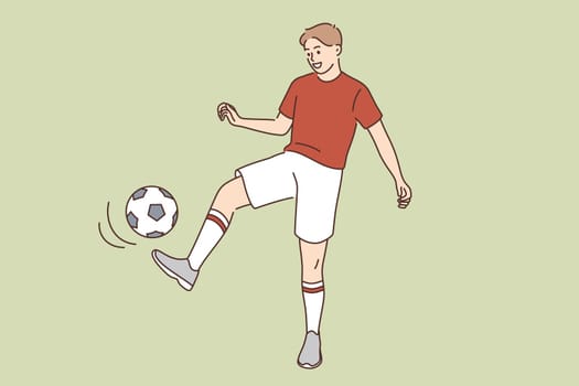 Sport hobby and active lifestyle concept. Young smiling man boy cartoon character kicking ball playing soccer in sportswear vector illustration