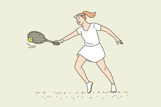 Professional tennis player and active lifestyle concept. Young smiling woman athlete sportsman cartoon character holding racket playing tennis having active lifestyle vector illustration
