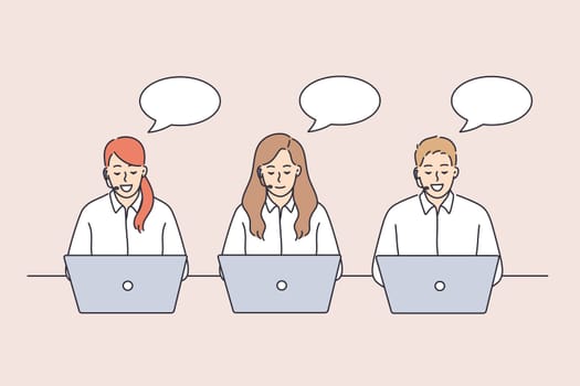 Call center workers during work concept. Group of young people workers operators customer service with laptops sitting talking to clients vector illustration