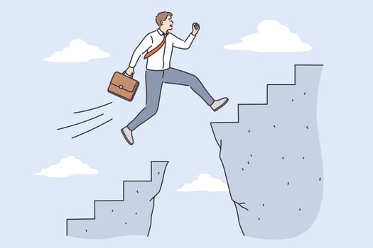 Business challenge and success concept. Young confident Businessman cartoon character Jumping over abyss for development and success in job vector illustration