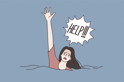 Asking for help and sos concept. Young woman cartoon character swimming drowning in water asking for help shouting trying to get attention vector illustration