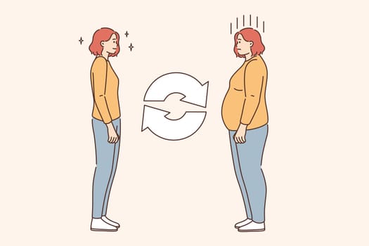 Overweigh and getting loose concept. Young smiling fit slim woman and depressed over weight fat woman standing towards each other feeling different vector illustration