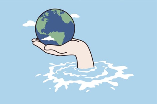 Climate change, disaster, saving concept. Human hand holding holding world or globe above climate flood ocean taking care trying to help vector illustration