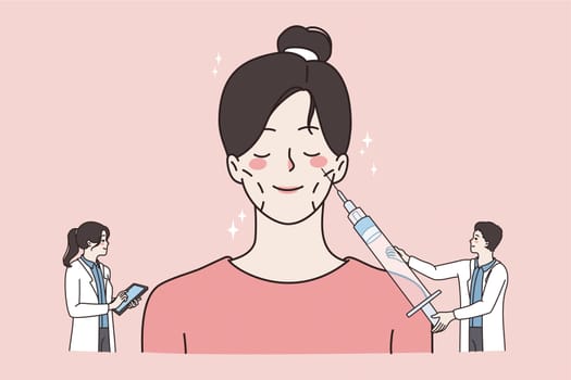 Beauty treatment and skincare concept. Young doctors cosmetologists making beauty botox injection to young woman face skin vector illustration