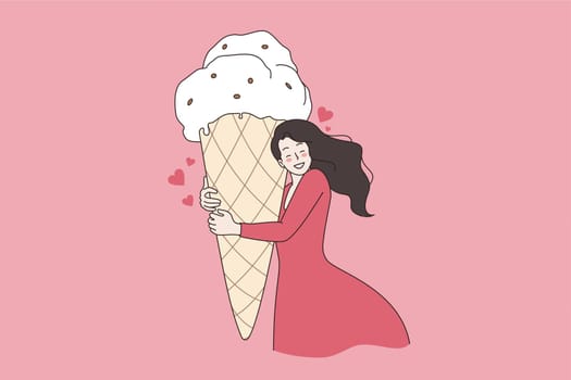 Sweets dessert and food treatment concept. Young smiling brunette woman standing holding huge sweet ice cream cone in hands vector illustration