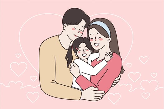 Happy family, childhood and parenthood concept. Young smiling parent woman and man standing hugging their small daughter feeling great together vector illustration